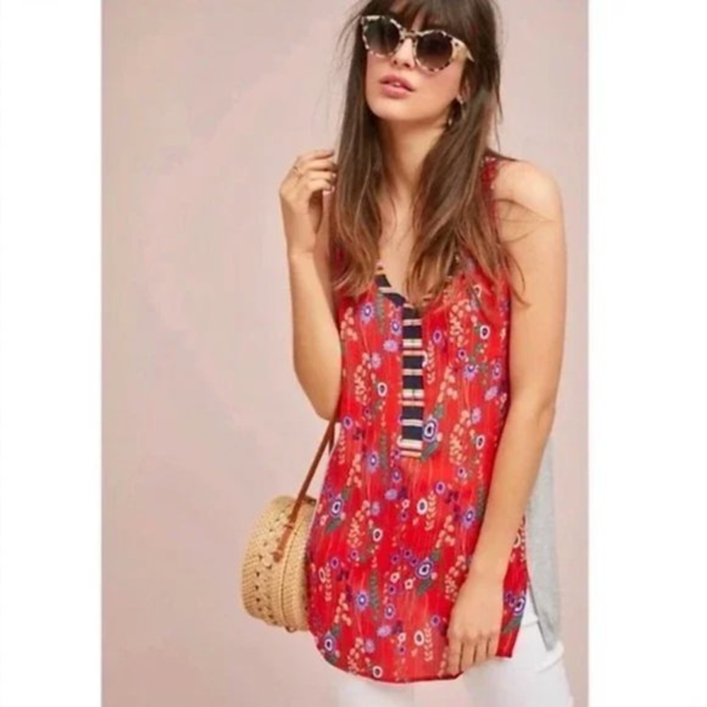 Anthropologie XS Tiny Red Floral Mixed Media Gray Jersey Back Zuma Tank Top $98